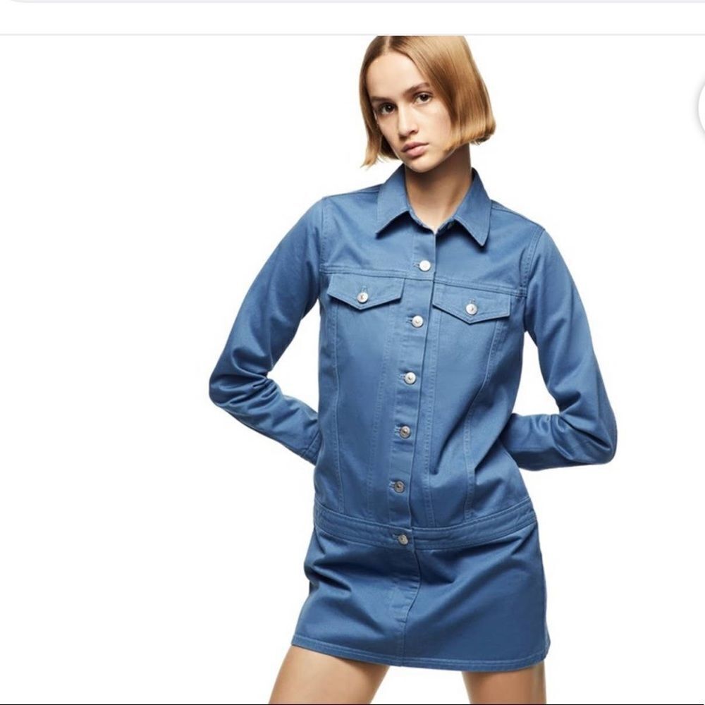 Zara blue 100% cotton denim button down mini twill long sleeve shirt dress S